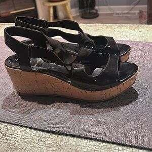Vtg Fendi black Patent Leather Peep Toe Strappy Cork Heeled Wedge Size 7.5